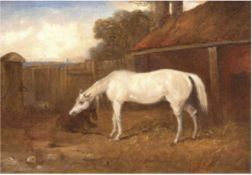 Maler des 19. Jh. "Stute mit Fohlen auf Bauernhof", Öl/Lw., unsigniert, 20x24 cm, Rahmen