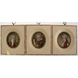 3 Miniaturen 19./ 20. Jh. "Mozart, Beethoven" und Bach", feine polychrome Malerei auf Bein, ovaler