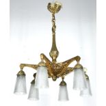 Art-Deco-Deckenlampe, Bronze, 6-flammig, floral reliefiert, Mattglasschirme mit Ornamentrelief, H.