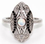 Ring im Art-Deco-Stil, Opal, 925er Silber, schwarze Spinelle und weiße Zirkonia, RG 57, Innendurchm
