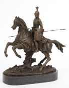 Bronze "Ritter in Rüstung mit Schild und Lanze auf Pferd sitzend", bezeichnet "Kamil", braun patini