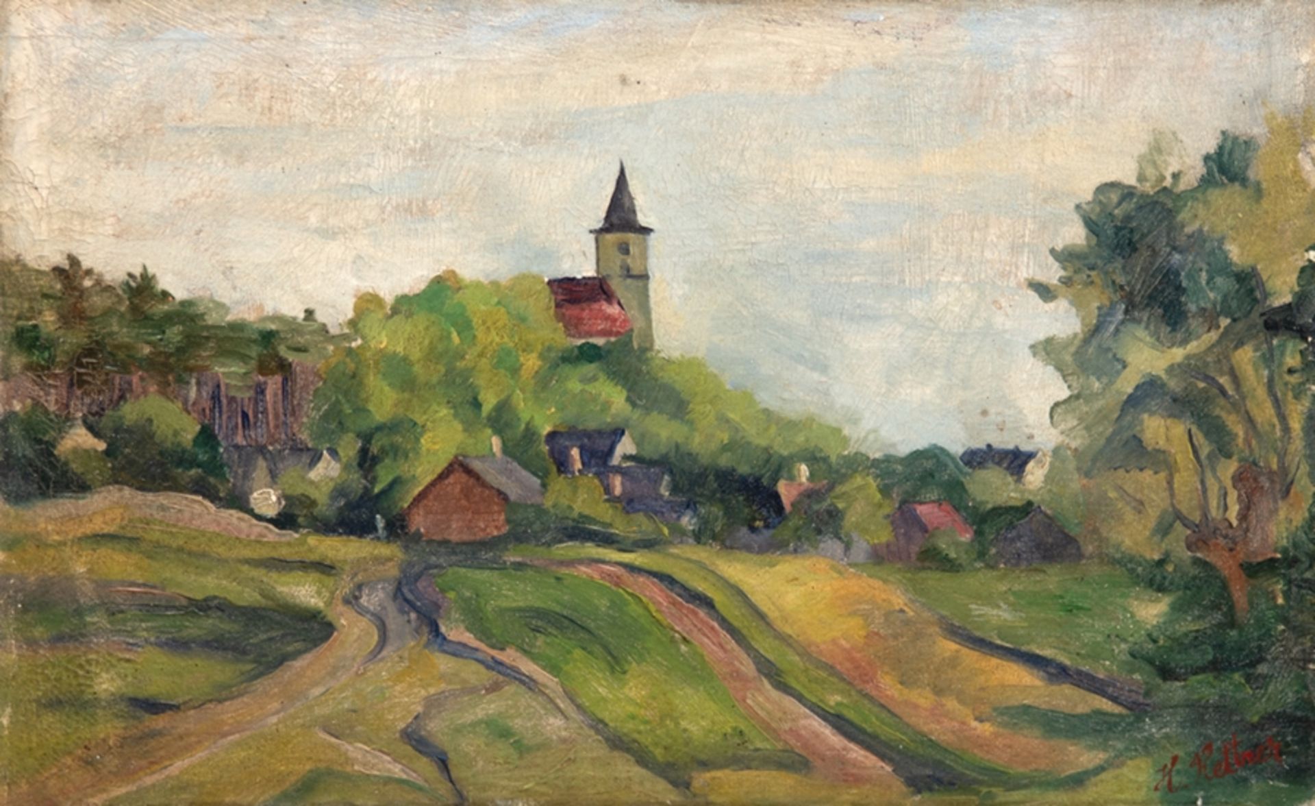 Kettner,H. "Dorflandschaft mit Kirche", Öl/ Lw., sign. u.r., 33,5x51 cm, ungerahmt