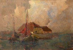 Priebe, Rudolf (1889 Schulakowa-1964 Hamburg) "Hallig mit anlandenden Fischerbooten", Öl/ Karton, u