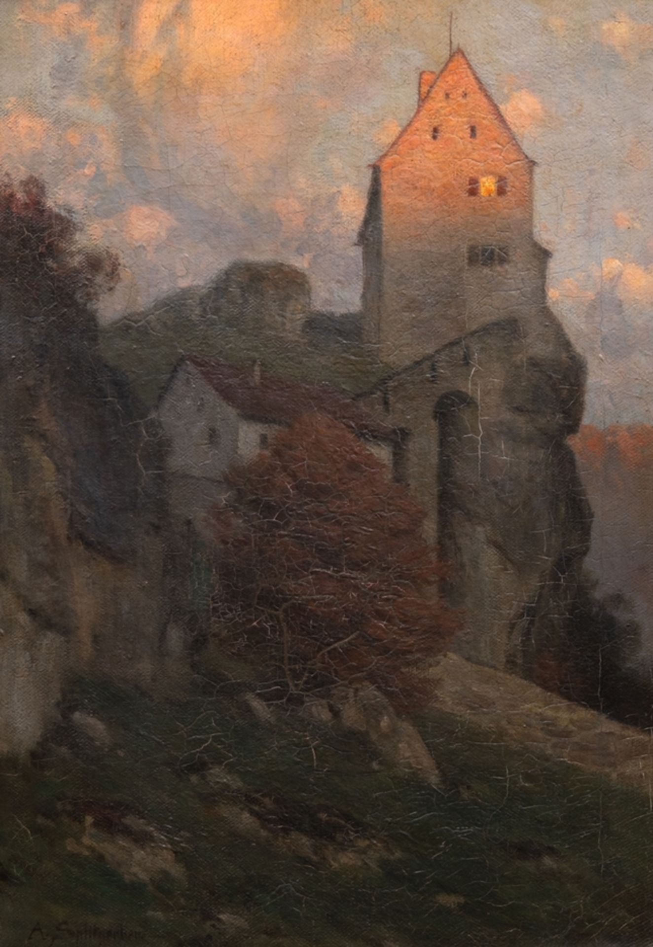 Splitgerber, August Karl (1844 Steingaden-1918 München) "Burgansicht in der Abendsonne", Öl/ Lw., c