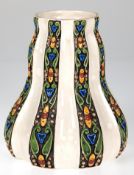 Jugendstil-Vase, Fayence, Flaschenkürbisform, vertikal gegliedert durch floral und ornamental reli