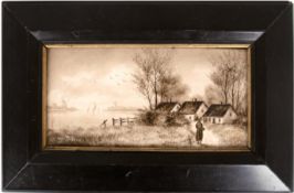 Porzellanbild "Holländische Landschaft", sign. "van Döhlen", 10x19,5 cm, Rahmen