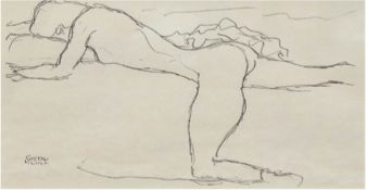 Klimt, Gustav "Kniender, auf einem Bett ruhender Akt nach Linus", Heliogravur, 1916, 14,5x25 cm, im