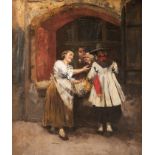 Spanischer Impressionist um 1900 "Frauengespräche am Fenster", Öl/ Lw., unsign., 39x32 cm, Rahmen