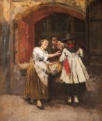 Spanischer Impressionist um 1900 "Frauengespräche am Fenster", Öl/ Lw., unsign., 39x32 cm, Rahmen