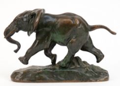 Figur "Laufender Elefant", Bronze, Nachguß, braun und grün patiniert, bezeichnet "Barye", H. 13,5