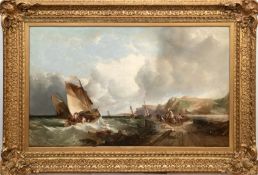 Montague, Alfred (1832 London-1883 ebenda) "Küstenlandschaft mit Segelbooten und Personenstaffage",