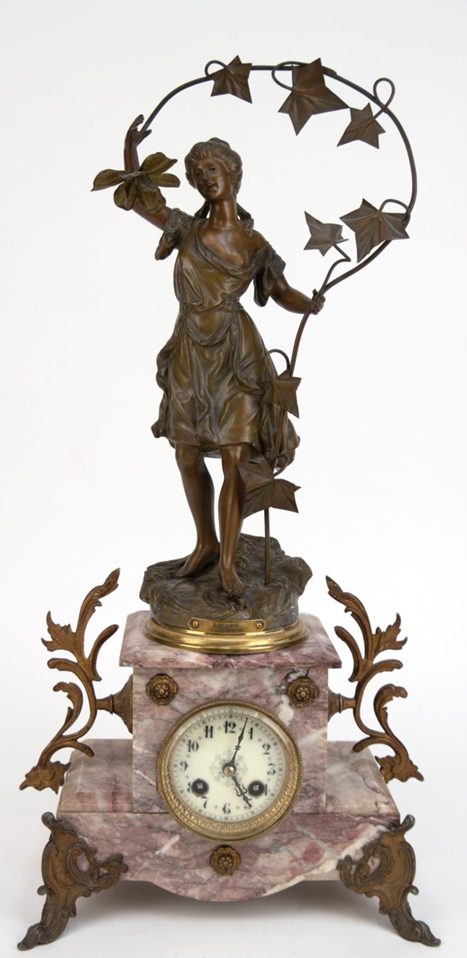 Kaminuhr, Metallguß bronziert, figürlich "Mädchen mit Efeuranken", Skulptur nach Emil Francois Rous