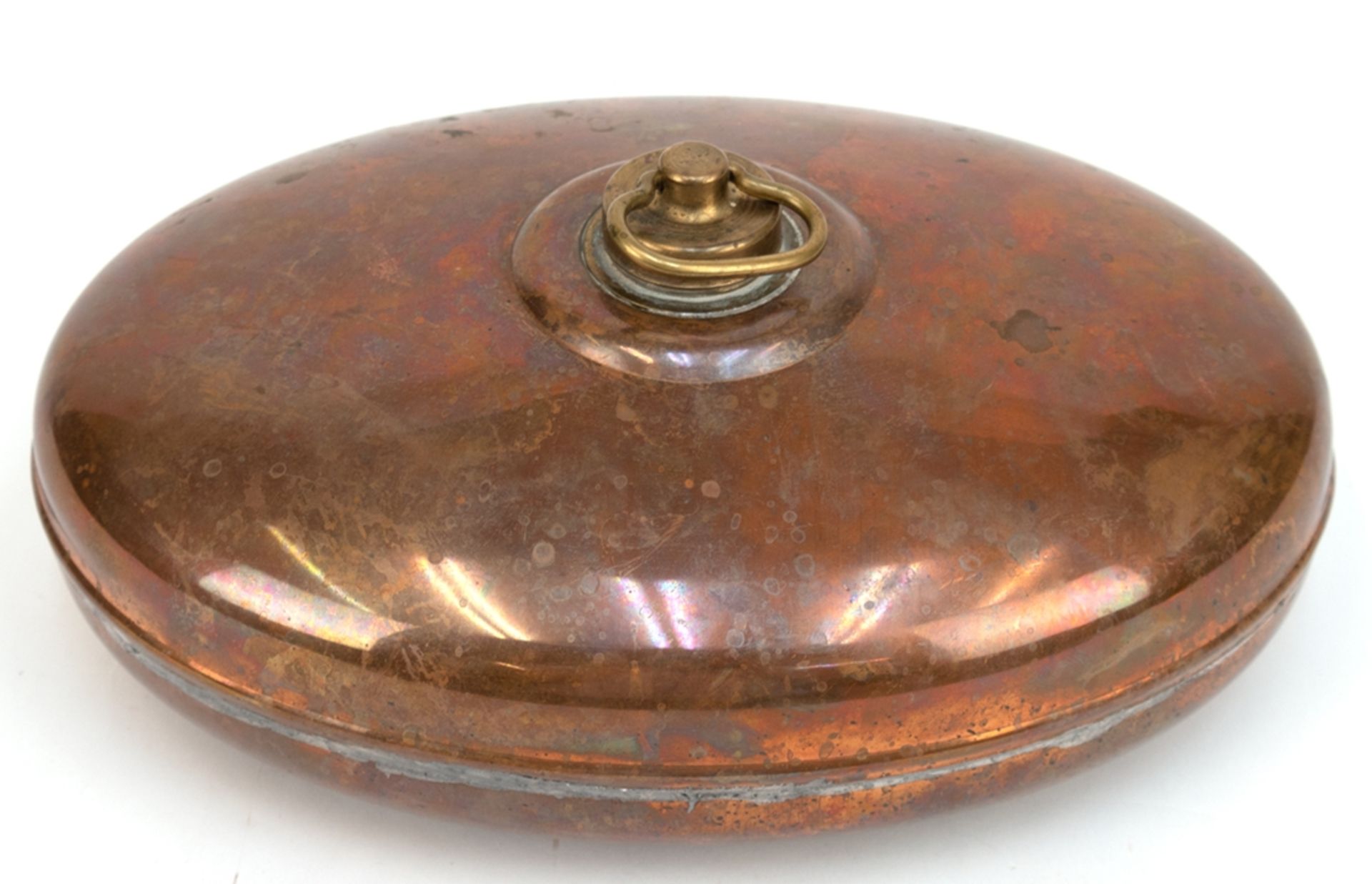 Wärmflasche, 19. Jh., Kupfer, ovoide Form mit Messingschraubverschluß, gelötet, 11,5x27x17 cm