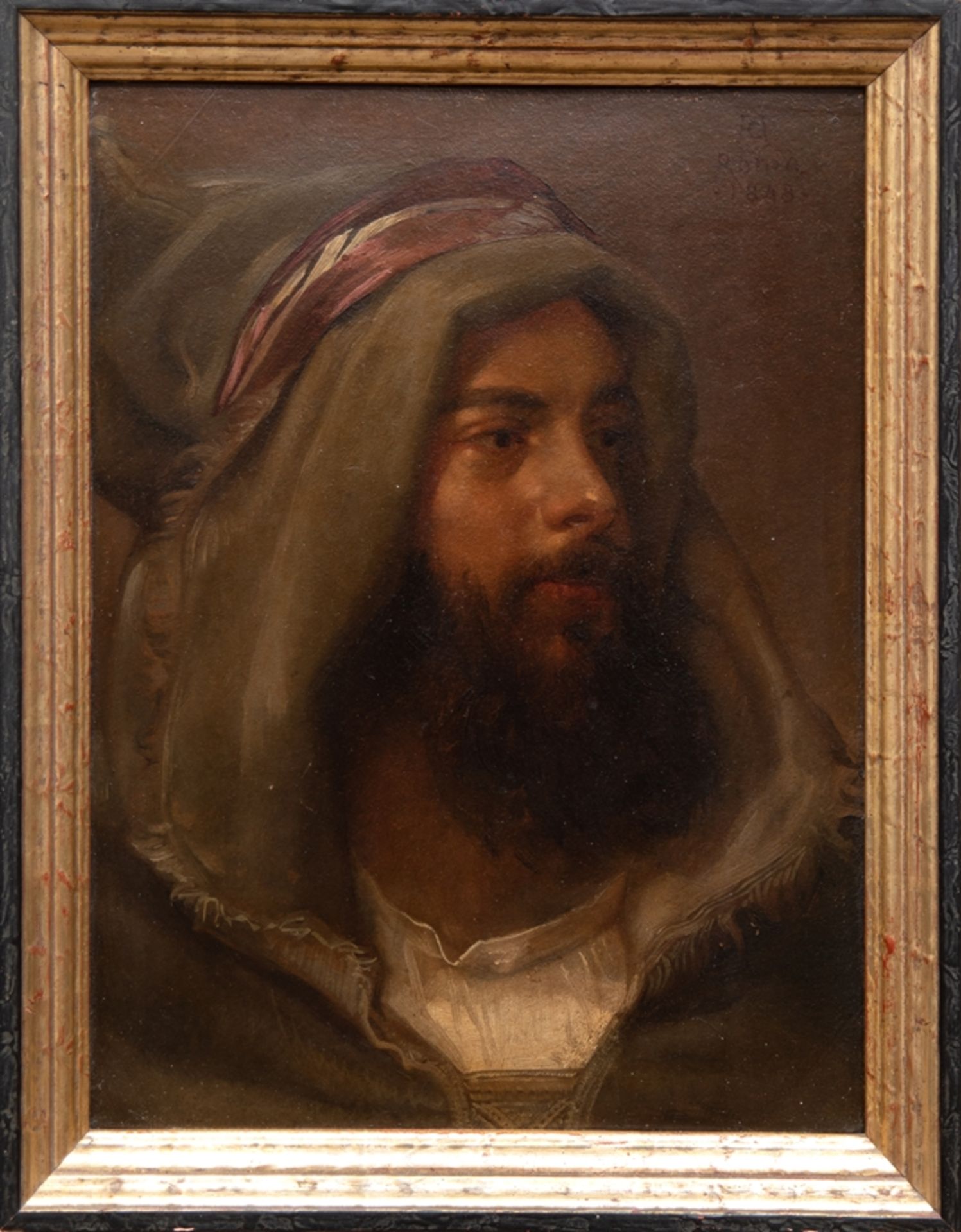 Maler des 19. Jh. "Beduine", Öl/ Platte, undeutl. sign. o.r. und dat. 1848, 36x26,5 cm, Rahmen