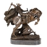 Bronze-Figur "Kämpfender Wickinger zu Pferde", Nachguß, braun patiniert, bez. "Kamoko", auf ovaler