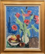 "Stilleben mit Tulpen in Vase und Obstschale", Öl/ Lw., undeutl. sign. o.l., 66x50 cm, Rahmen