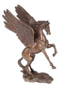 Bronze-Figur "Pegasus", Nachguß, braun patiniert, auf naturalistischem Sockel bez. "Milo", H. 19 cm