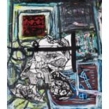 Beninga, Leo (1971 lebt und arbeitet in Hamburg) "Im Atelier", Collage/ Acryl, Wachstift und Papier