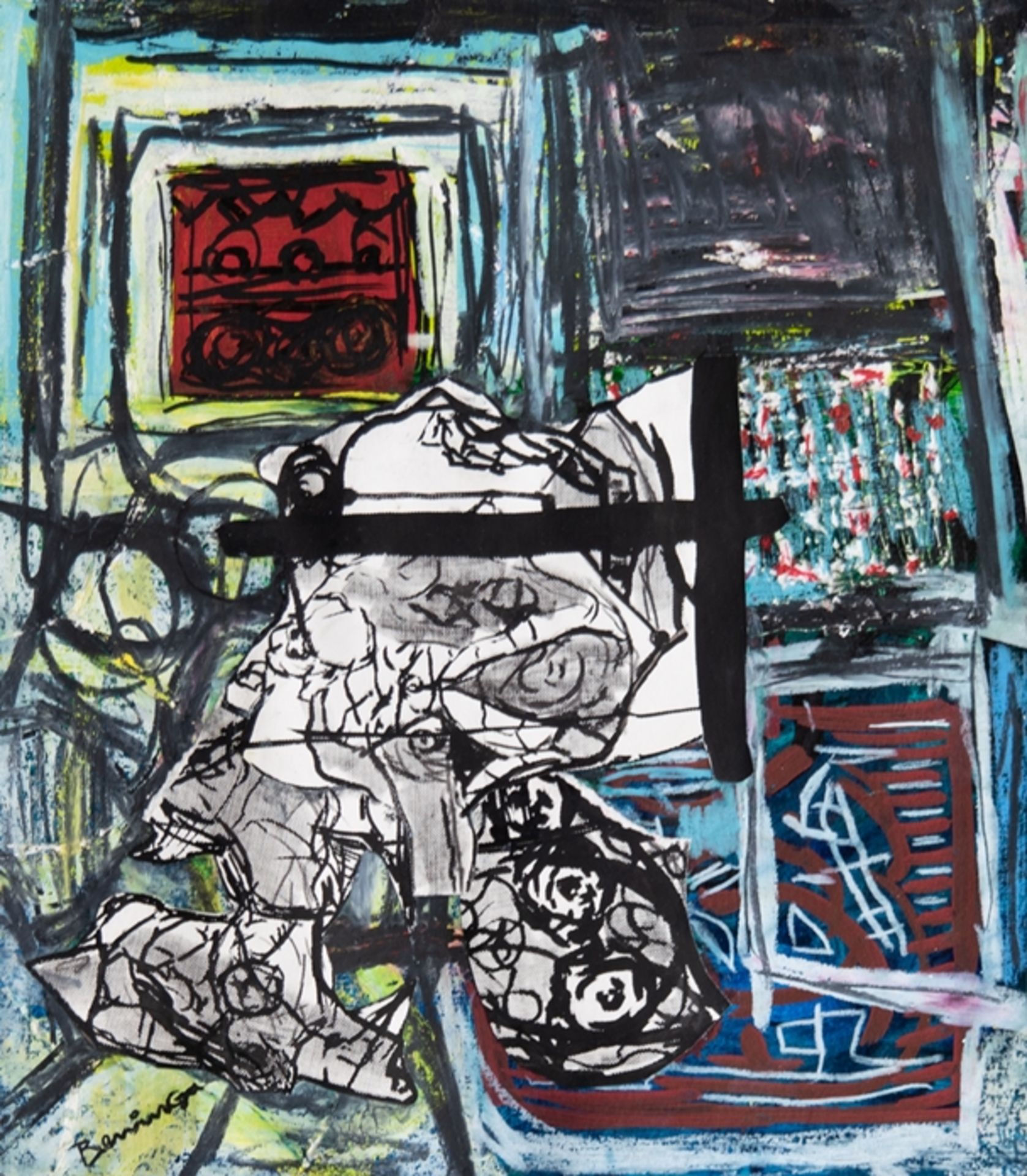 Beninga, Leo (1971 lebt und arbeitet in Hamburg) "Im Atelier", Collage/ Acryl, Wachstift und Papier