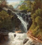 Maler 19. Jh. "Wasserfall im Gebirge", Öl/ Lw., unsign., rückseitig auf Lw. Widmung, 25x23 cm, Rahm