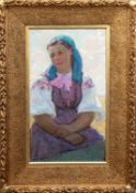 Maler Anf. 20. Jh. "Ukrainische junge Frau", Öl/ Lw., unsign., 78x42 cm, im Org. Rahmen, (das Gemäl