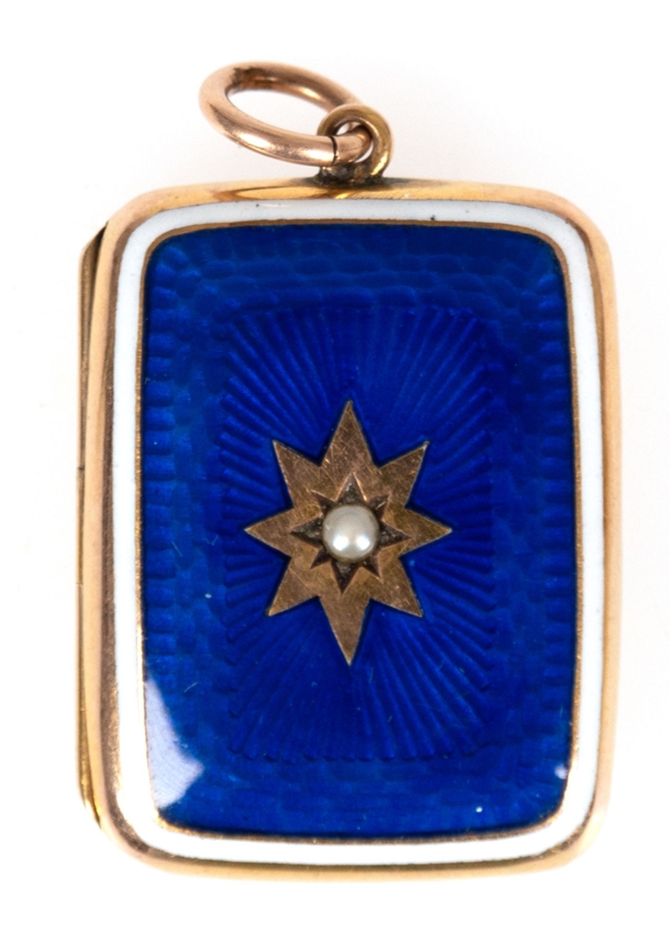 Medaillon, 18 k GG, Frankreich, blau emailliert mit weißem Rand, mittig Stern mit Saatperle, ges. 6