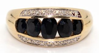 Ring, 585er GG, besetzt mit 5 oval facettierten Saphiren und 6 kl. Diamanten, Ges.-Gew. 5,28 g, RG