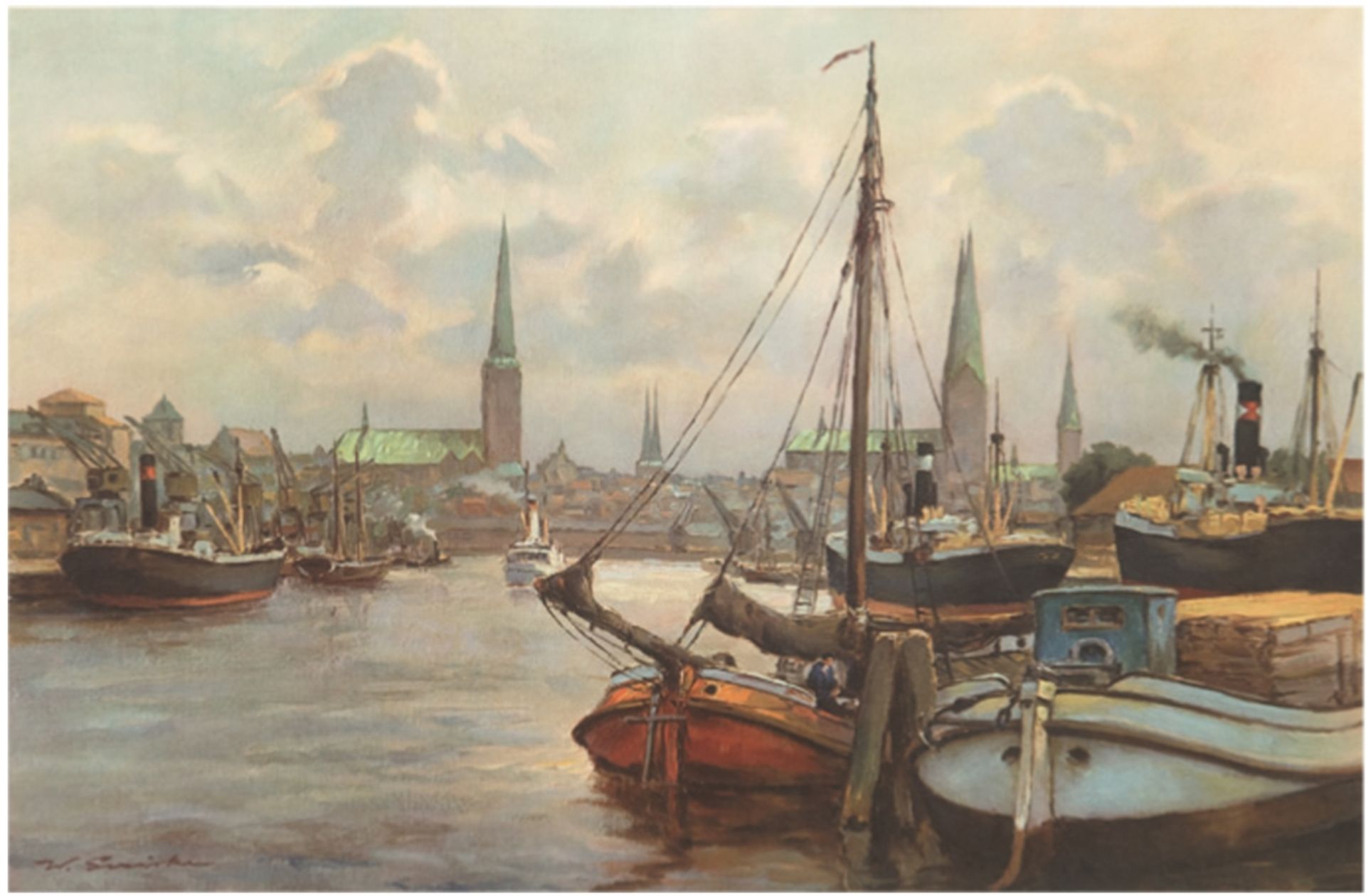 Gericke, Willi (1895 Spandau-1970 Falkensee) "Schiffe im Hafen", Druck, rücks. Nachlaßstempel, 38x5