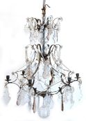 Deckenlampe, Anfang 20. Jh., Metallkorpus mit reichem Kristallbehang z.T. rauchfarben und Glasröhre