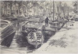 Wolf, Georg (1882 Düsseldorf-1962 Uelzen) "Ansicht von Amsterdam", Kohlestift, verso Künstlerstemp