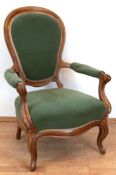 Sessel im Louis-Philippe-Stil, Mahagoni, grüner Veloursbezug, Polsterung auf Armlehnen muß erneuert