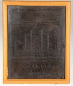 Tee-Relief, Asien, um 1900,  "Tempel und Schriftzeichen", rückseitig 16 ornamental reliefierte Feld