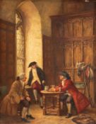 Genremaler Ende 19. Jh. "Drei elegante Herren beim Diskutieren in einem Interieur", Öl auf Kupferta