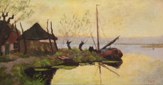 "Zeesenboote am Bodden", Öl/ Lw., undeutl. sign. u.r., 40,5x80 cm, ungerahmt