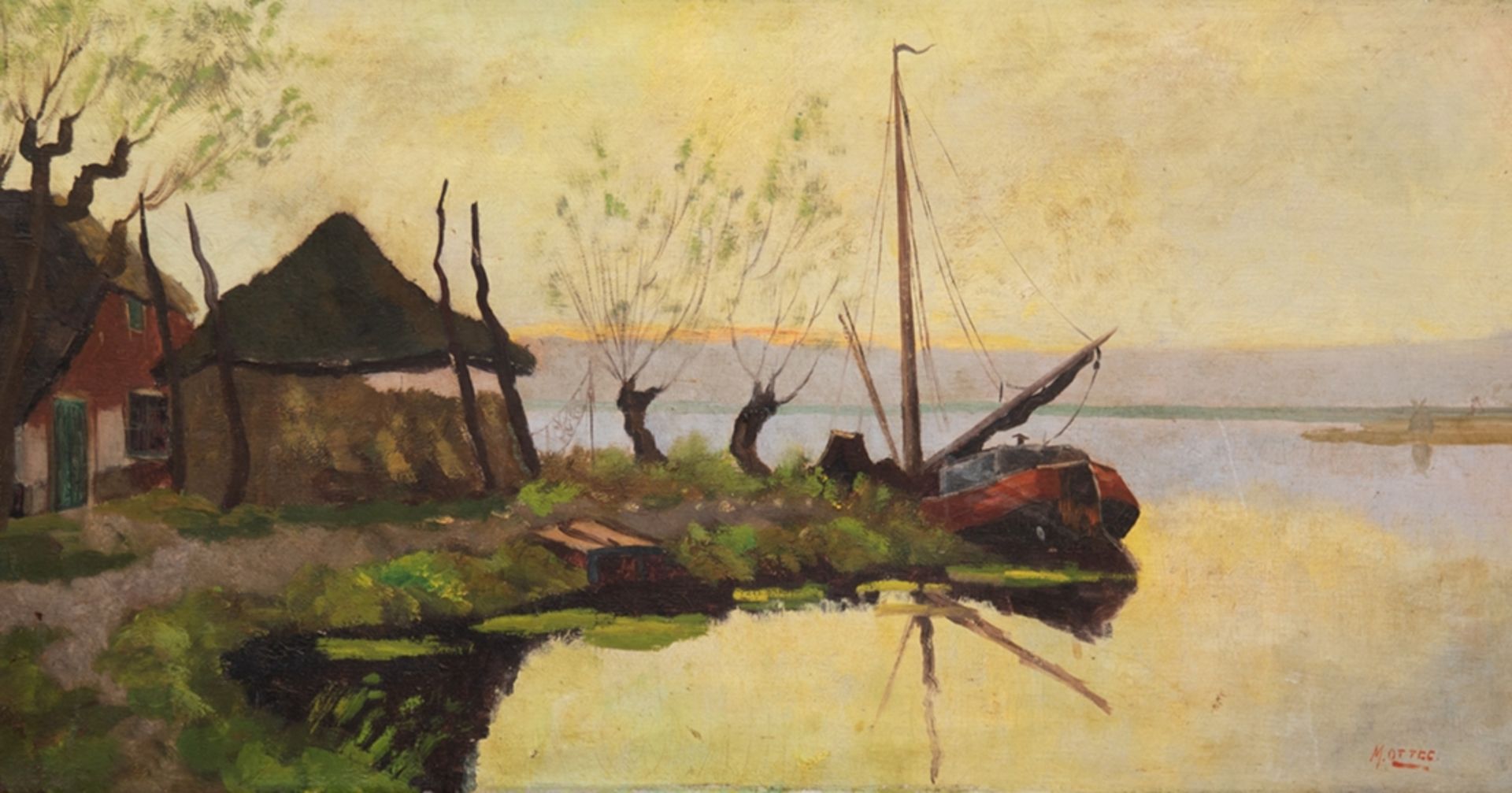 "Zeesenboote am Bodden", Öl/ Lw., undeutl. sign. u.r., 40,5x80 cm, ungerahmt