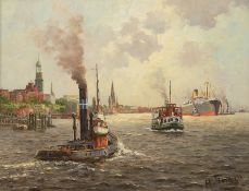 Porwoll, Hans (1898 Hamburg-1984 ebenda) "Hamburger Hafen", Öl/ Lw., sign. u.r., 50x60 cm, Rahmen (