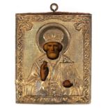 Kleine Ikone "Nikolaus", 84 Zolot. Silberoklad, vergoldet, Rußland, 7x5,8 cm