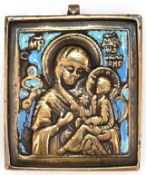 Kleine Reiseikone "Mutter Gottes", Messing, z.T. farbig emailliert, 5,5x4,8 cm