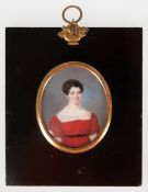 Miniatur "Porträt einer Dame im roten Kleid", 19. Jh., hinter gewölbtem Glas, im schwarzen Rahmen (