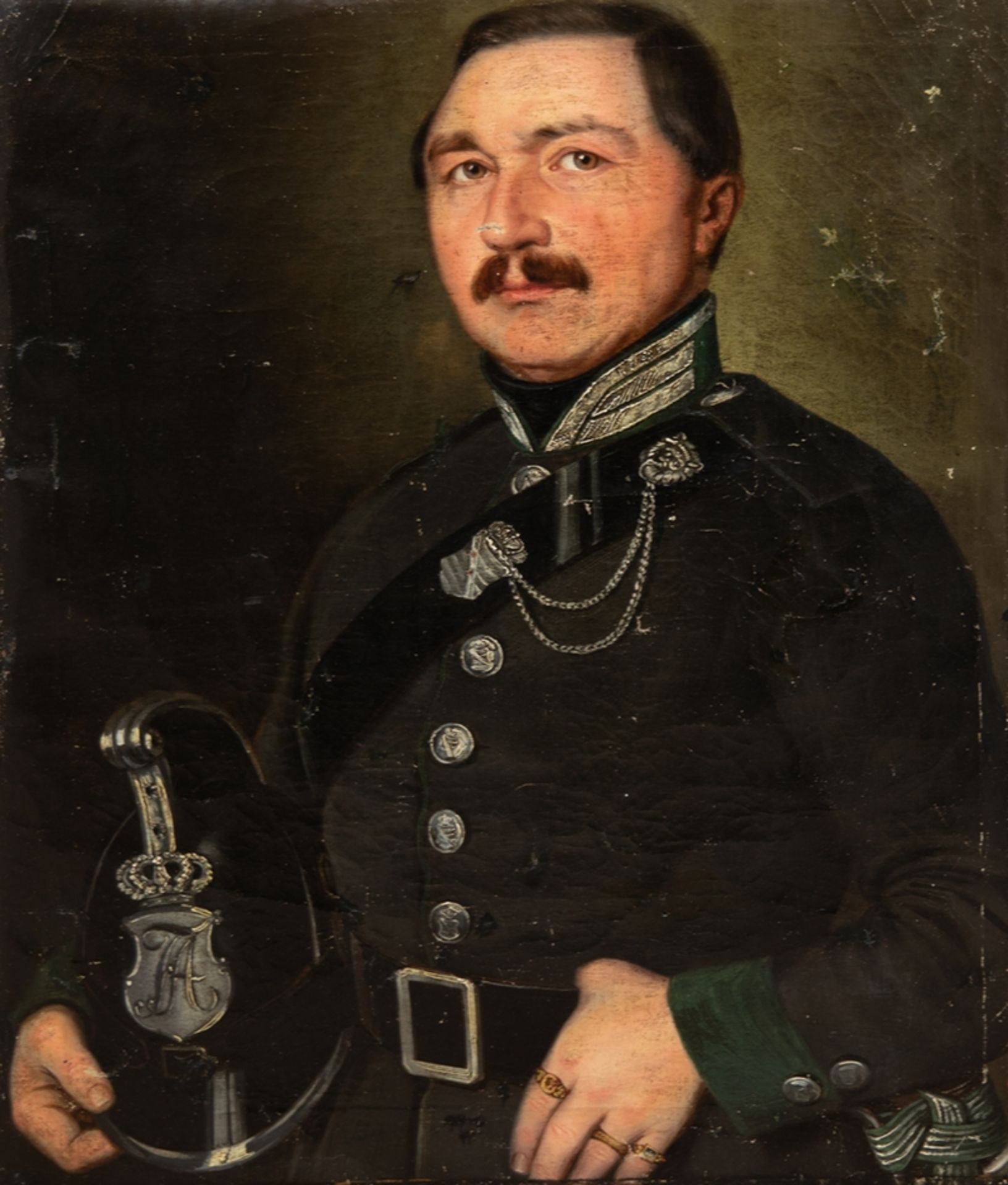 "Porträt eines Sächsischen Offiziers", um 1840, Öl/ Lw. auf Platte aufgezogen, unsign., Farbverlust