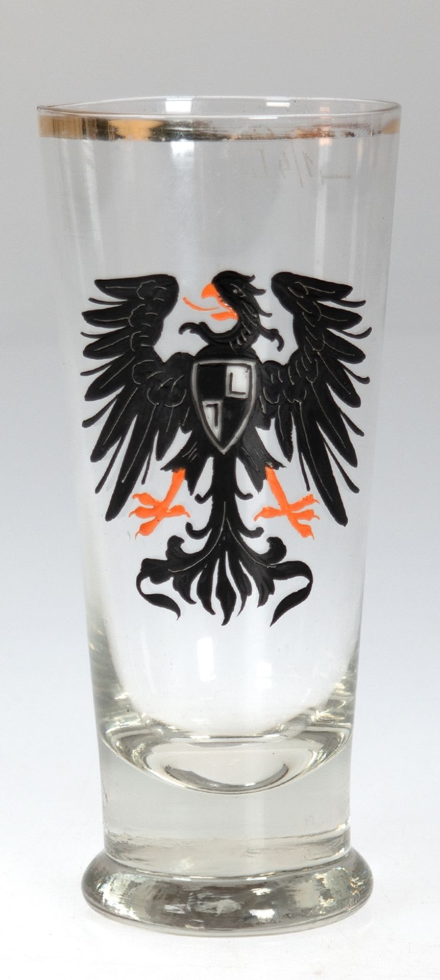 Patriotisches Bierglas mit emailliertem Adler, Ende 19. Jh., 1/4 Liter, Goldrand berieben, H. 15,5 