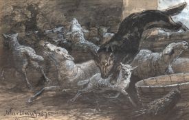 Holländischer Maler 19. Jh. "Wolf im Schafsstall", Kohlezeichnung, weiß gehöht, sign. u.l. "Hartinu