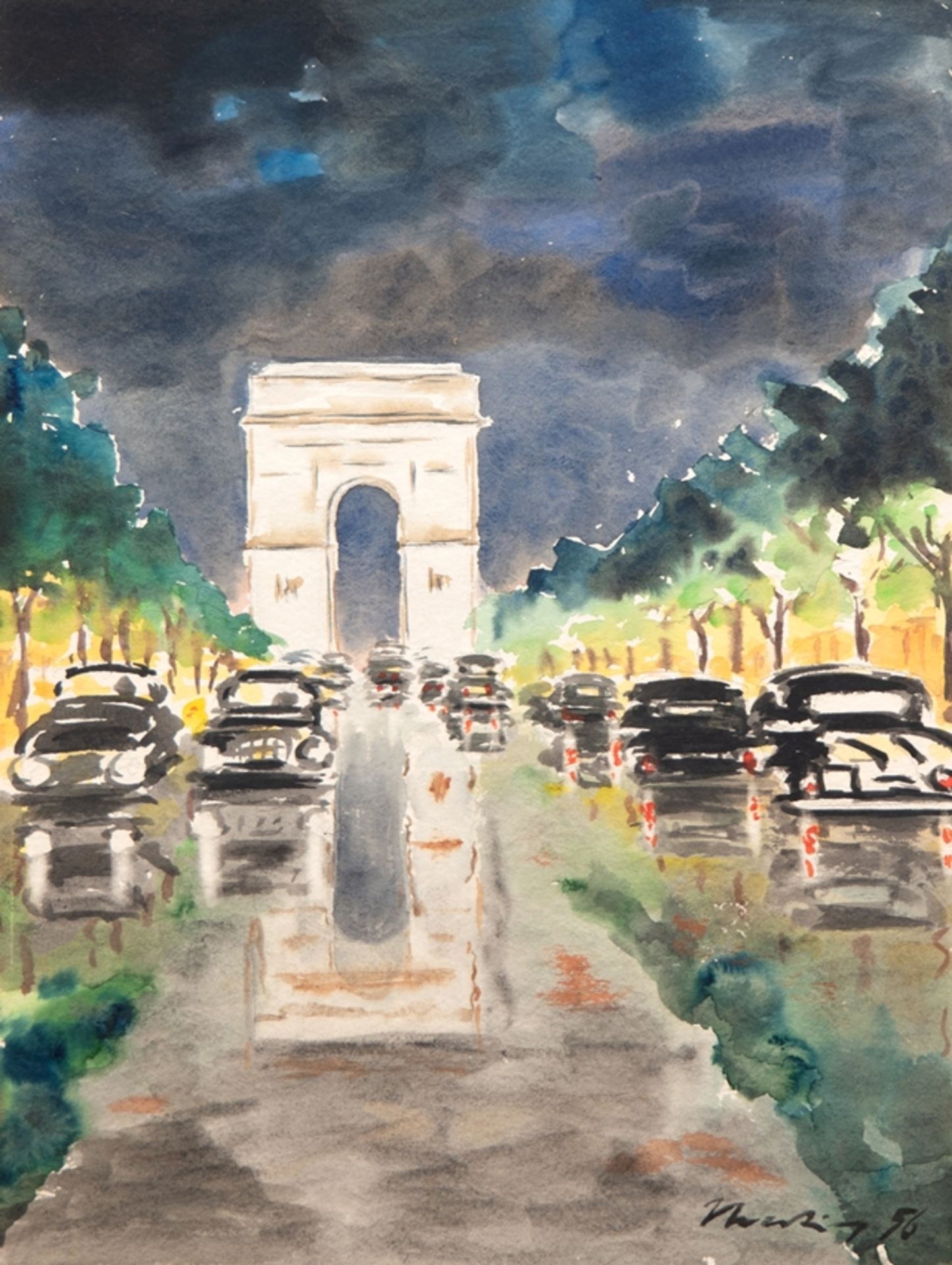 Maler des 20. Jh. "Paris- Champs Elyseés", Aquarell, unleserlich signiert und datiert (19)56 u.r., 