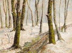 "Winterwald", Öl/ Spachteltechnik/ Sperrholz, unsign., 37x46 cm, Rahmen