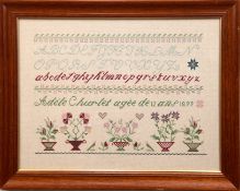 Stickmustertuch von Adle ´le Churlet, dat. 1899, ABC und florale Motive im Kreuzstich, ca. 42x56 cm