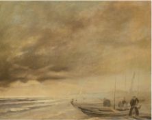 Engling (20. Jh.) "Fischer bei ihren Booten am Strand", Öl/Mp., signiert und datiert '46 auf Boot, 