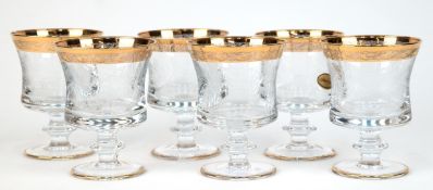 6 Gläser, Kristallglas, Italien um 1980, mit Ornamentdekor und Goldrand, H. 11 cm
