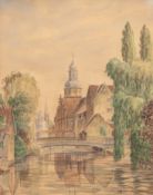Heuberger-Laporte, L. (20. Jh.) "Stadt mit Kirche am Fluß", Aquarell, sign. u.r., 40x30 cm, hinter 