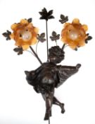Wandlampe mit Putti, 2-flammig, Gußmasse/ Eisen, dunkelbraun patiniert, 2 floral gestaltete Leuchte