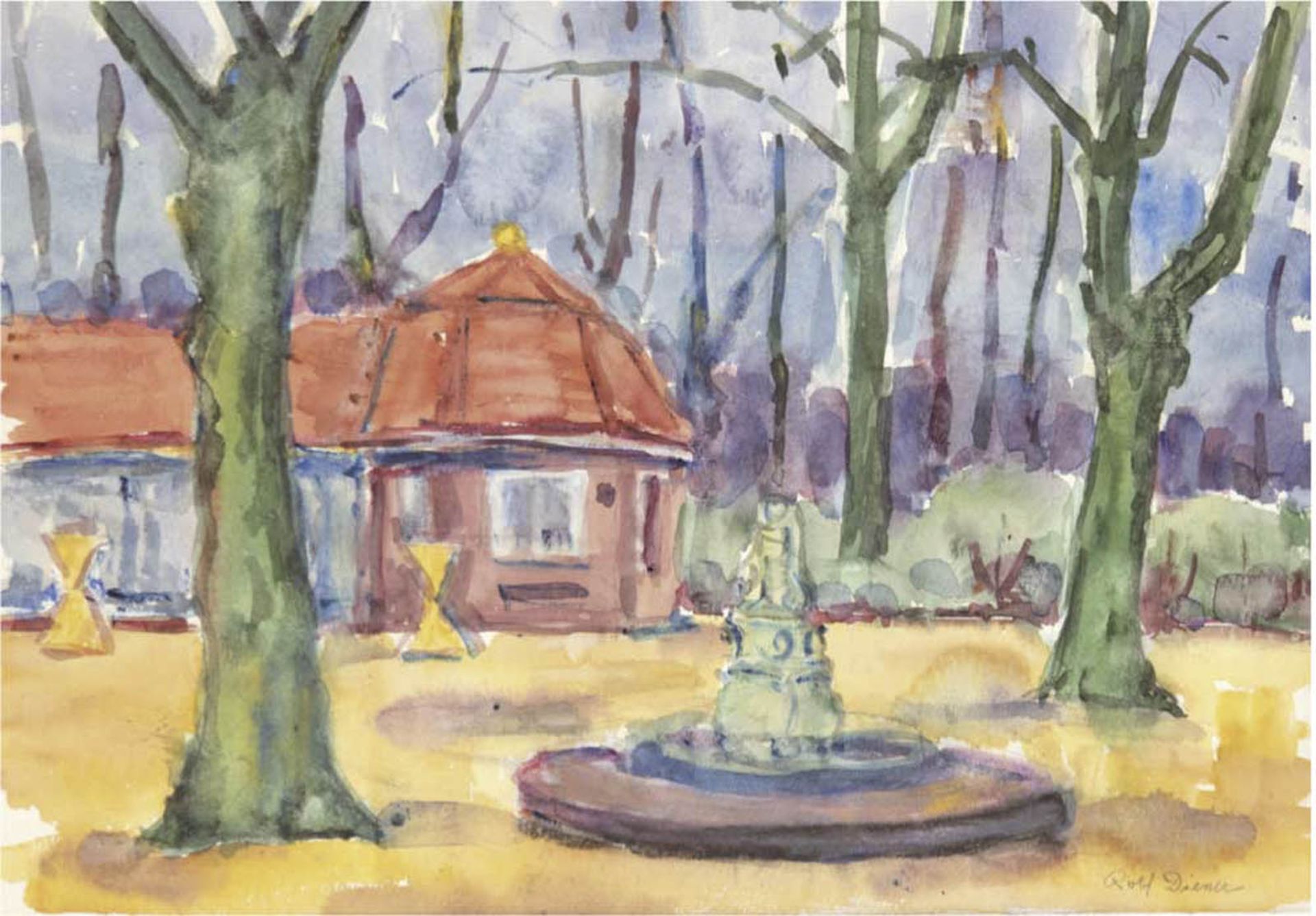 Diener, Rolf (1906 Gößnitz-1988 Hamburg) "Parkansicht mit Brunnen", Aquarell/Papier, sign. u.r., 28